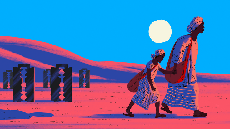 An illustration of Alia, a woman who escaped Sudan and is attempting to make it to Italy. Alia is walking in the desert while holding hands with her 11-year-old daughter. It is evening and there is a bright blue sky and white moon behind them.